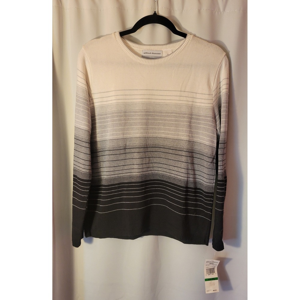 Alfred Dunner Petite L Black Off White Ombre Stripe Long Sleeve Sweater NWT